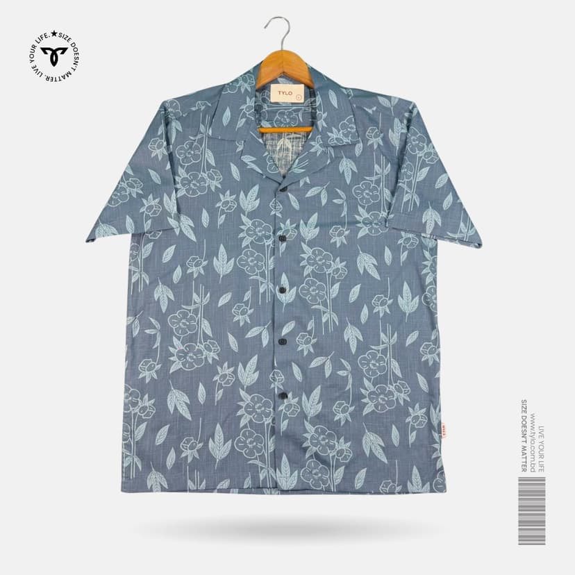 Denim Blue Floral Cuban Collar Shirt