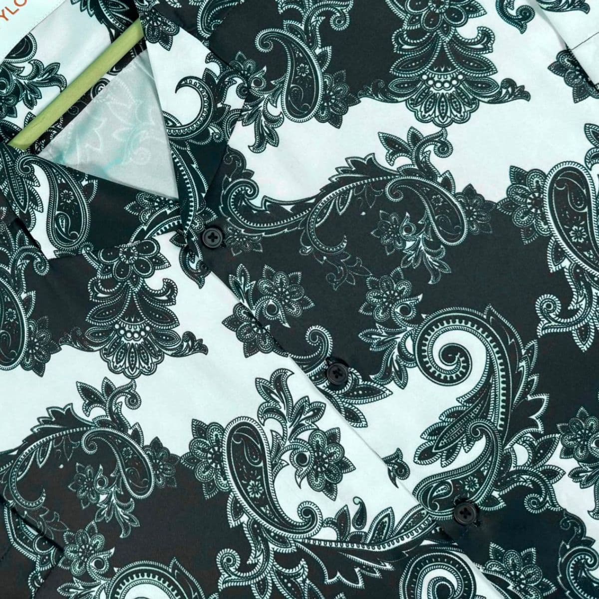 Mint & Black Paisley Print Cuban Collar Shirt showcase 3
