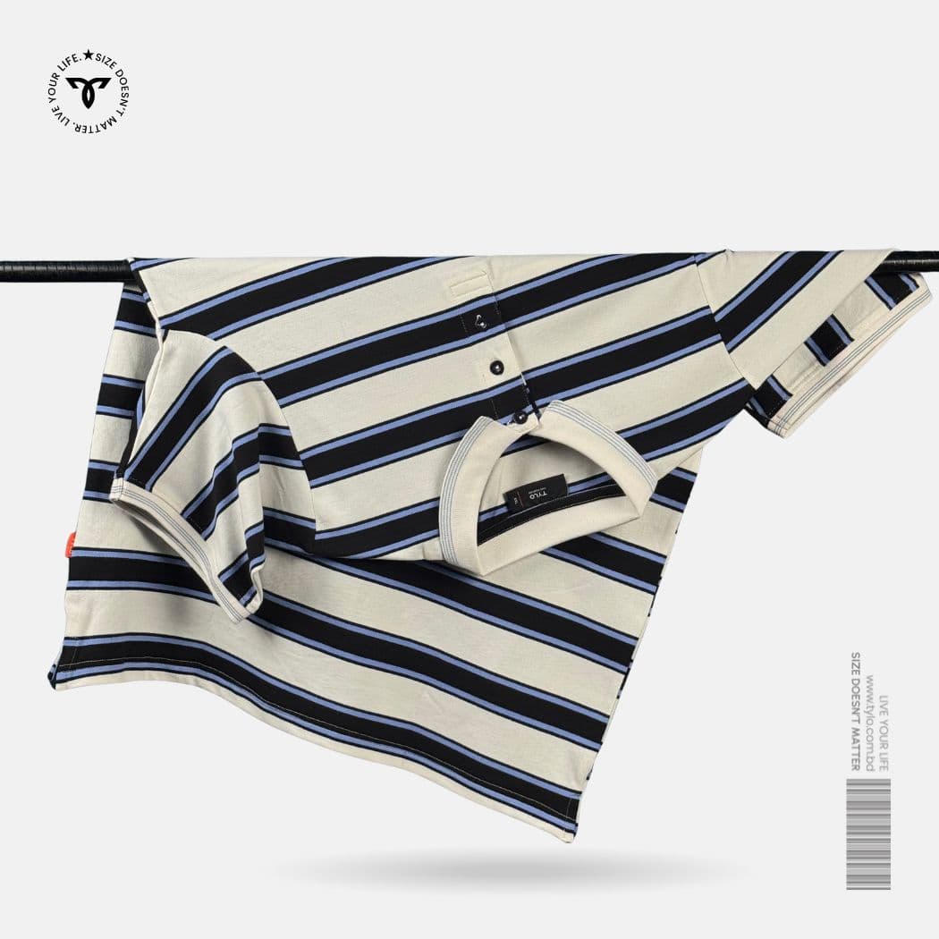 Cream Navy Blue Stripe Polo T-Shirt