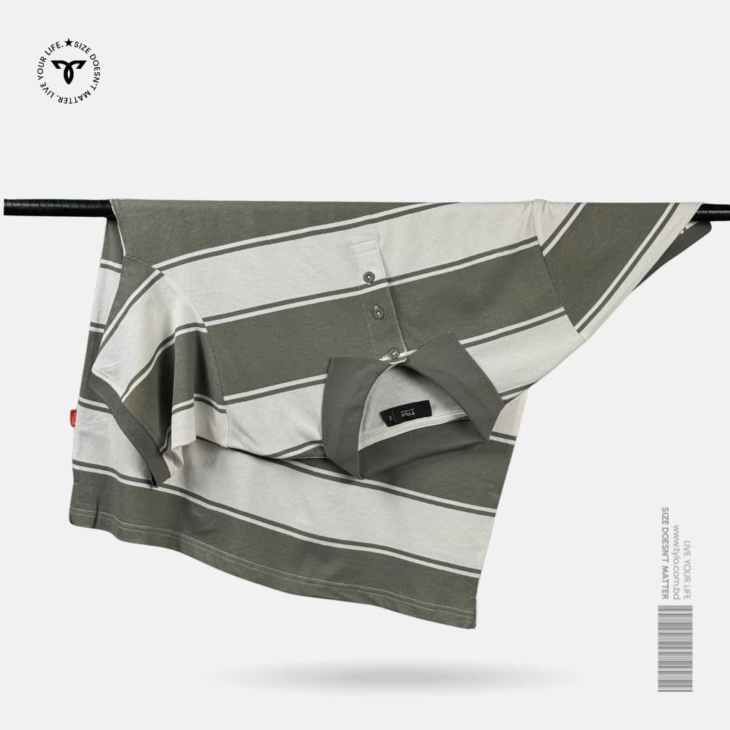 Olive Grey Wide Stripe Polo T-Shirt