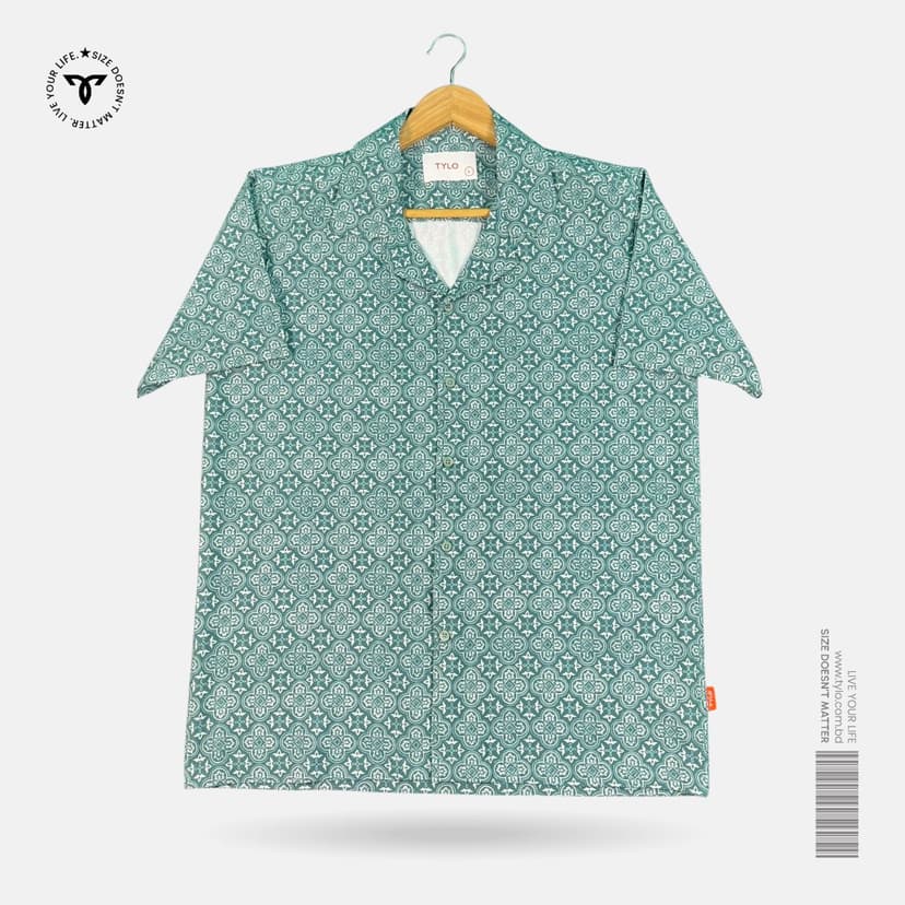 Teal Blue Ornamental Cuban Collar Shirt