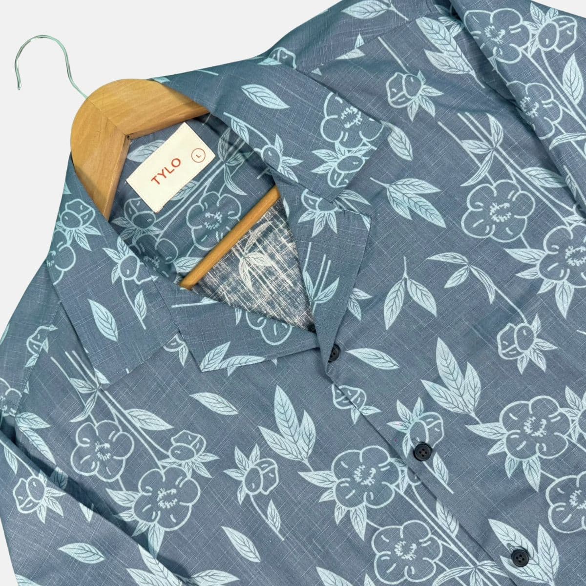 Denim Blue Floral Cuban Collar Shirt showcase 2