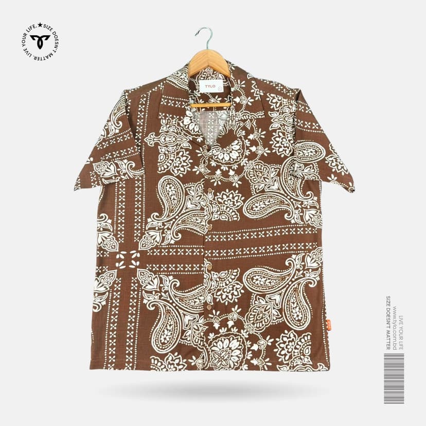 Brown Paisley Print Cuban Collar Shirt