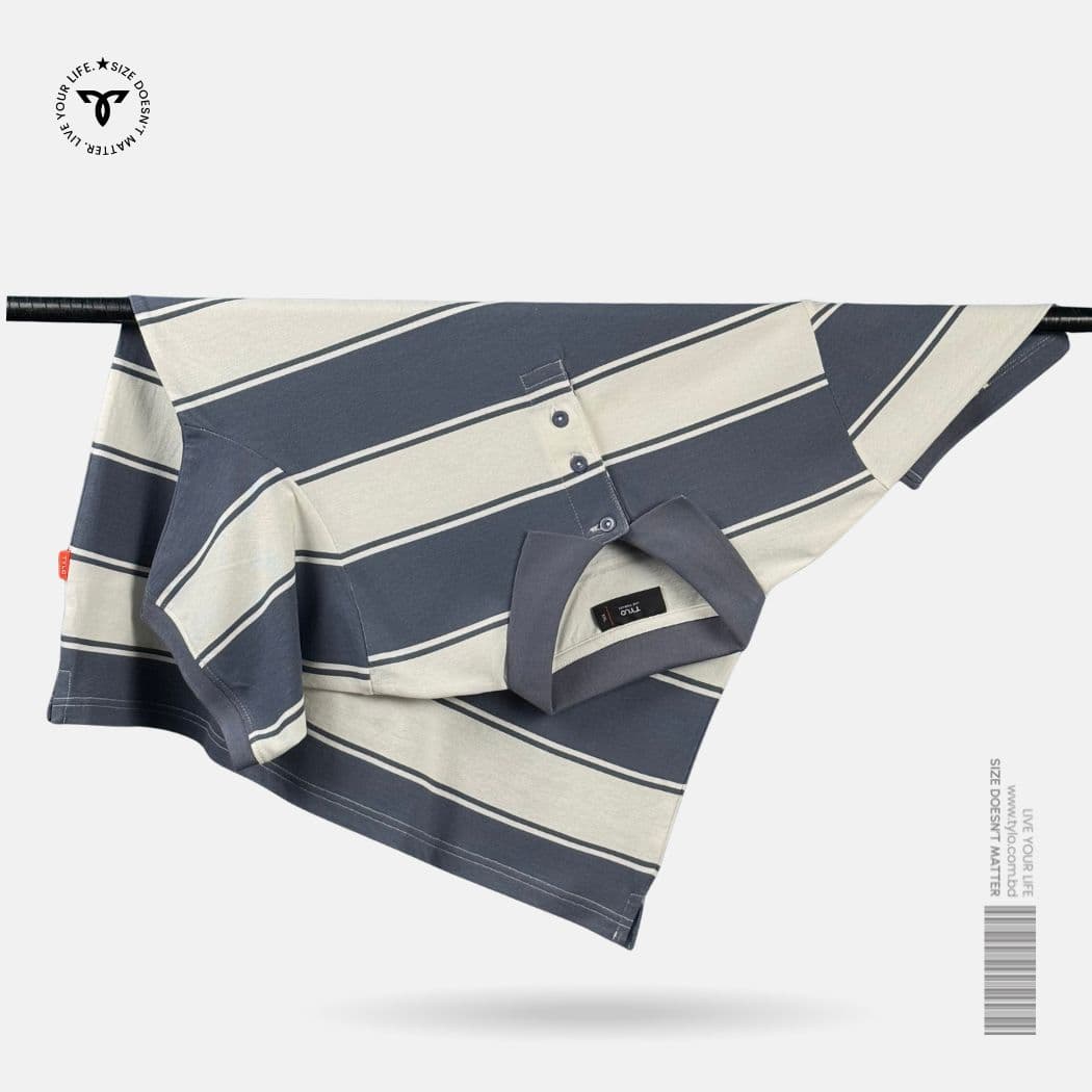 Slate Blue & White Stripe Polo T-Shirt