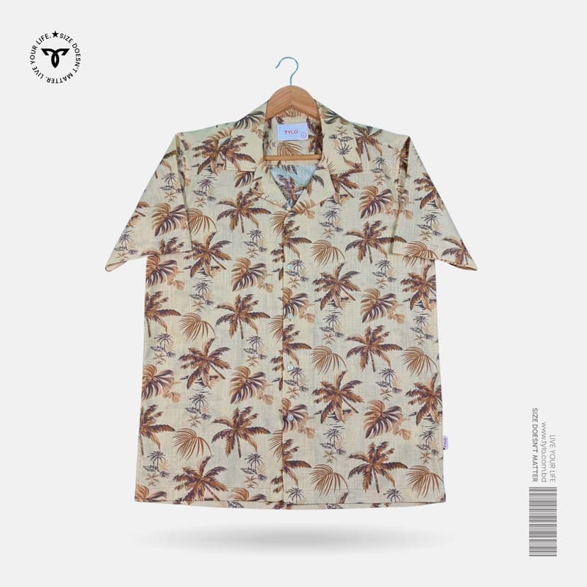 Beige Tropical Palm Cuban Collar Shirt