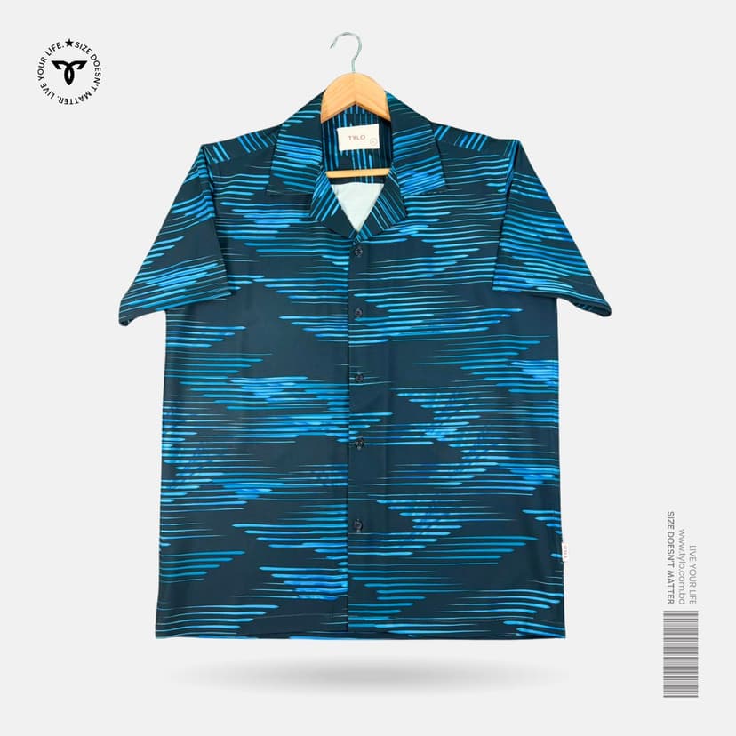 Navy Blue Abstract Stripe Cuban Collar Shirt