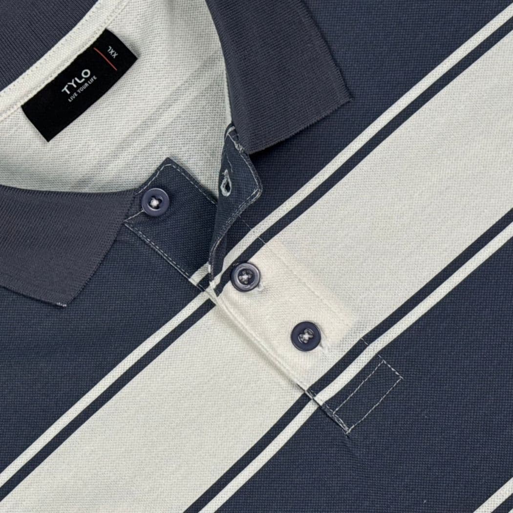 Slate Blue & White Stripe Polo T-Shirt showcase 3