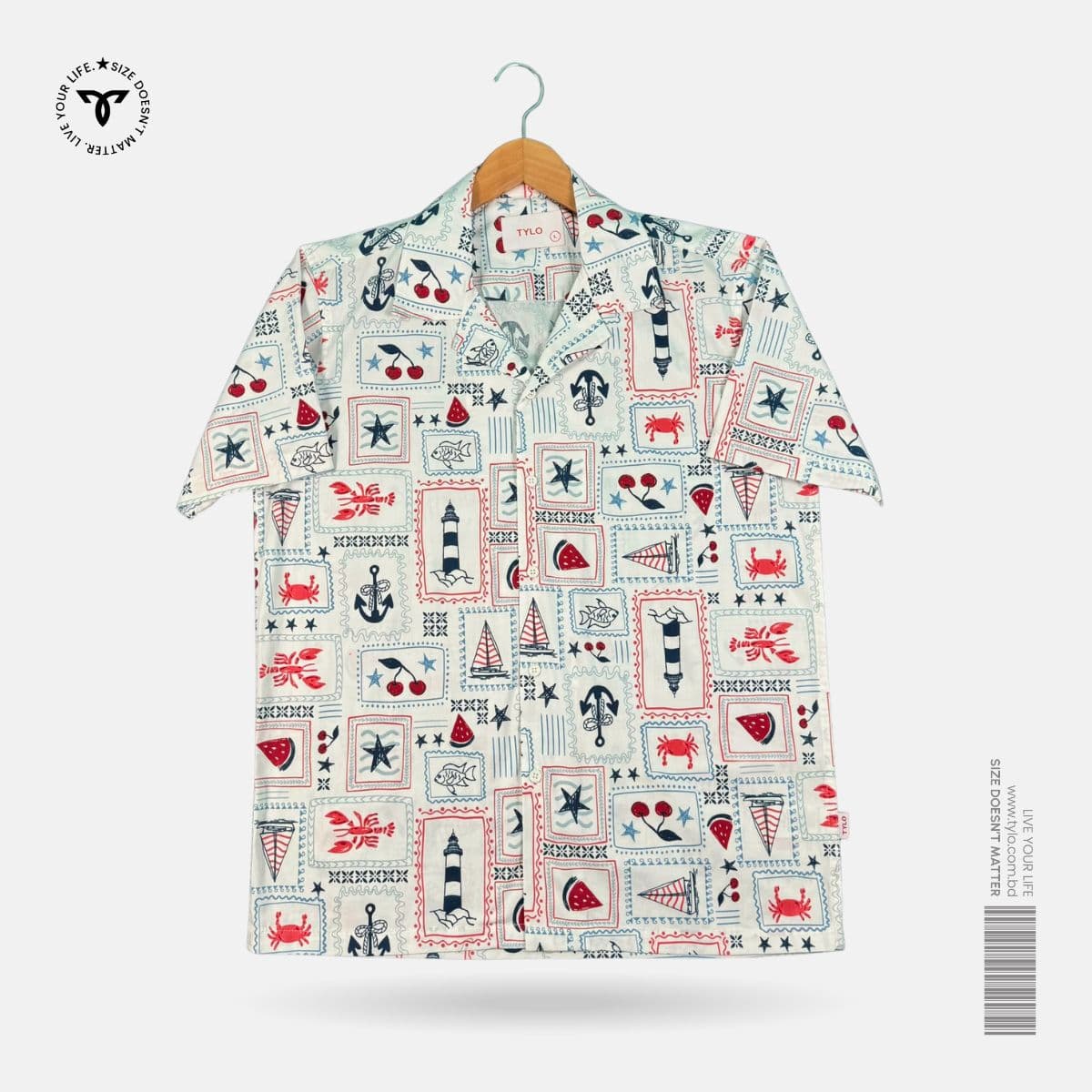 White Nautical Print Cuban Collar Shirt showcase 1