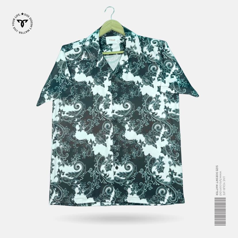 Mint & Black Paisley Print Cuban Collar Shirt