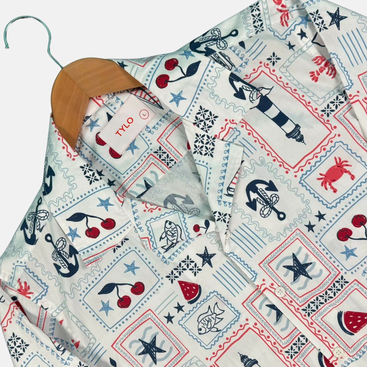 White Nautical Print Cuban Collar Shirt showcase 2
