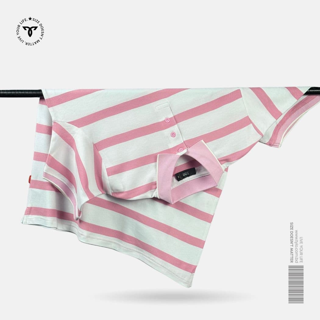 Pink & White Wide Stripe Polo T-Shirt