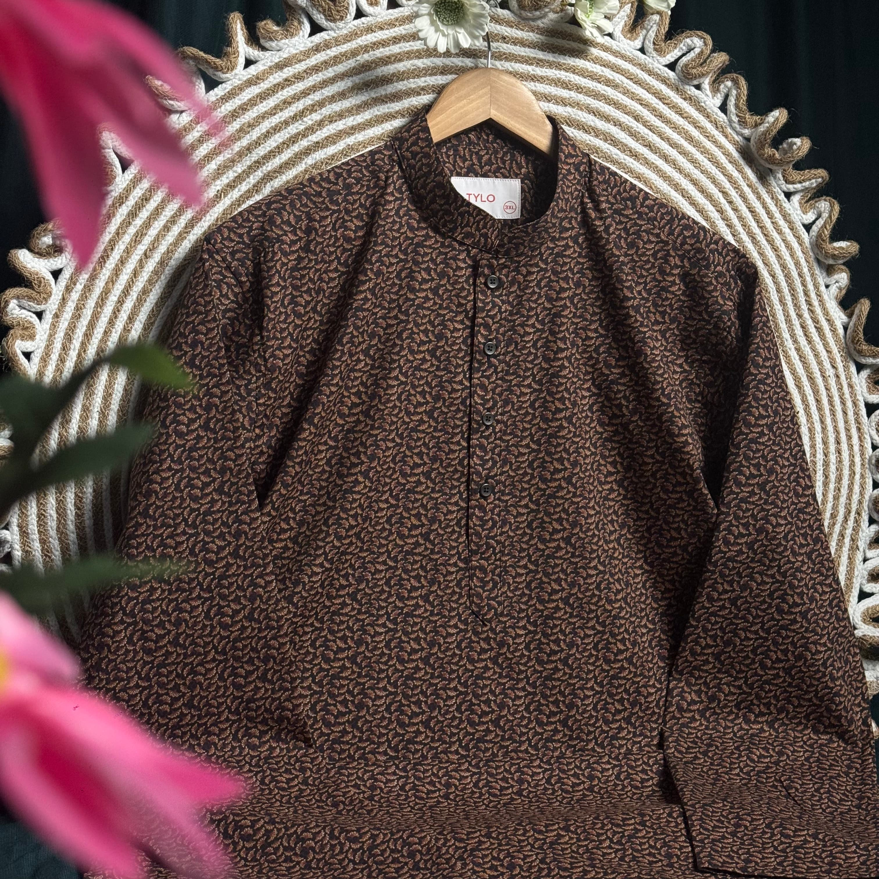 Dark Brown Leaf Print Regular Fit Panjabi